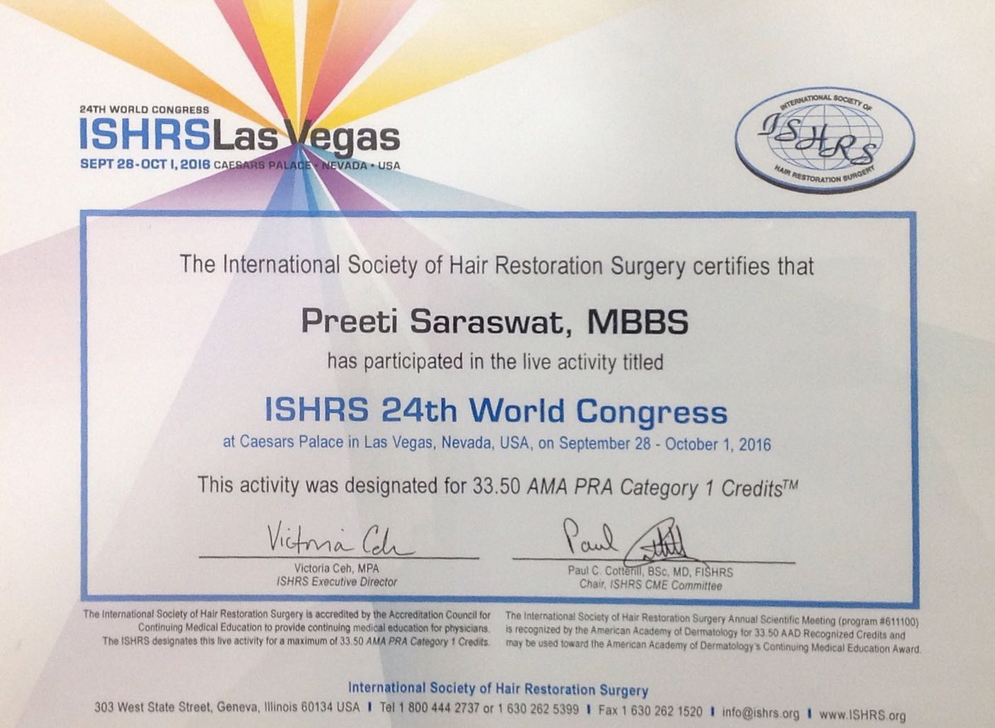 Dr Preeti Saraswat ISHRS Certificate
