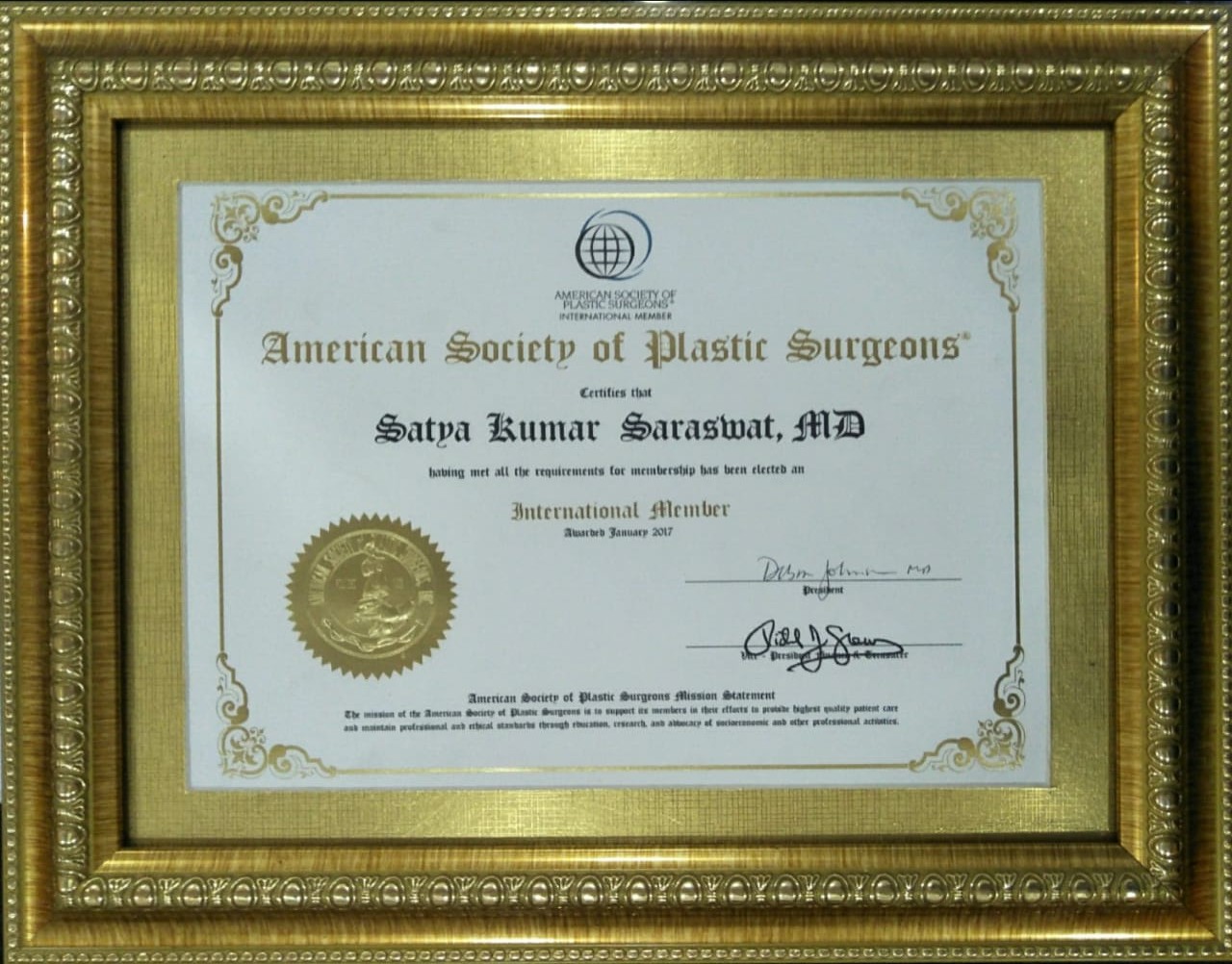 Dr Satya Saraswat Certificate