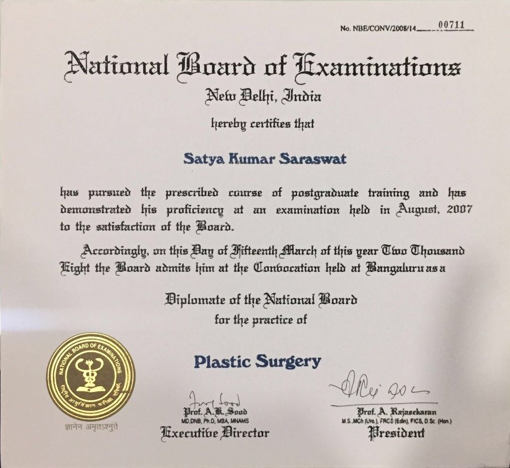 Dr Satya Saraswat ABHRS Certificate