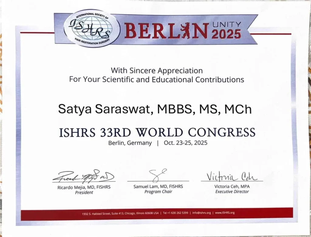 Certification of Appreciation at 33rd ISHRS world Congress in Berlin